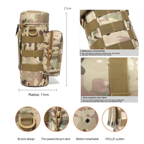 Camouflage Tactical Water Bottle Pouch with Strap, Multi-Purpose Outdoor Sports Drink Holder for Hunting, Fishing, Camping, Hiking (Khaki)