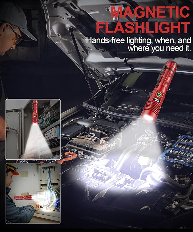 Rechargeable Flashlight High Lumens-12000LM Super Bright Magnetic Flash Light with Power Digital Display,3280Ft Long Range,Dimmable,Waterproof,Pocket LED Flashlights for Emergency Camping 2PC Red