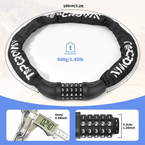 Topcrown Bike Lock 3.2 ft Long High Security Heavy Duty Anti Theft Bike Chain Lock, 5 Digit Combination Resettable Keyless Bicycle Lock for Bike/Electric Scooter/Ebike/Motorcycle (Black)