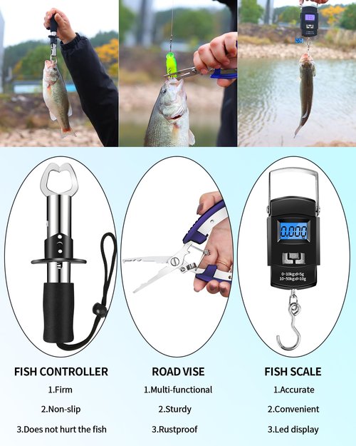 AOFUXTI Fishing Tool Kit - Fishing Pliers Kit, 112Pcs Fishing Gear and Equipment, with Fish Hook Remover, Fishing Scale, Fishing Scissors, Fish Lip Gripper, Fishing Lures (Blue and Fisherman's hat)