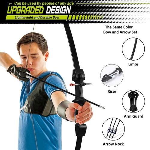 CrazyMouse Bow and Arrow for Teens Beginners Adults Recurve Bow Set 8 Arrows 5 Target Face Archery Longbow Kit Backyard Games Gift for Outdoor Sports (Black Archery Bow Set)