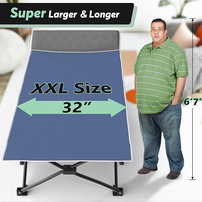 Slendor Oversized XXL Camping Cot, Folding Cot for Adults, 79" L x 32" W x 19" H Sleeping Cot with Mattress, Carry Bag, Camp Cot Bed for Travel, Guest, Support 500lbs, Blue Cot+ Blue Pad