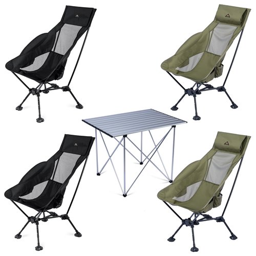 iClimb 4 Adjustable High Back Anti-Sinking Chair (2 Black and 2 Green) and 1 Light Folding Table Bundle for Adults Outdoor Beach Backpacking Hiking Camping Beach Concert
