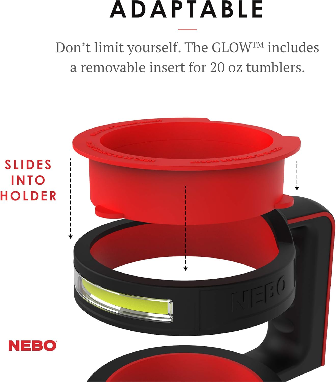 NEBO GLOW Tumbler Handle Light | 220 Lumens, 3 Light Modes, Fits 20 oz & 30 oz Coffee Tumblers, Water Resistant, Ergonomic Handle, LED Camping Lantern & Cup Cradle, Includes 3x AAA Batteries