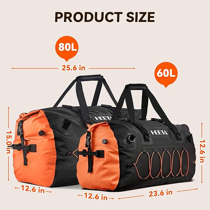 HEETA Waterproof Duffel Bag Motorcycle Dry Bag Backpack, Extra Large Rolltop Travel Duffle Bags with Straps & Handles for Kayaking Rafting Boating Canoeing Camping Gym Beach (Black, 80L)
