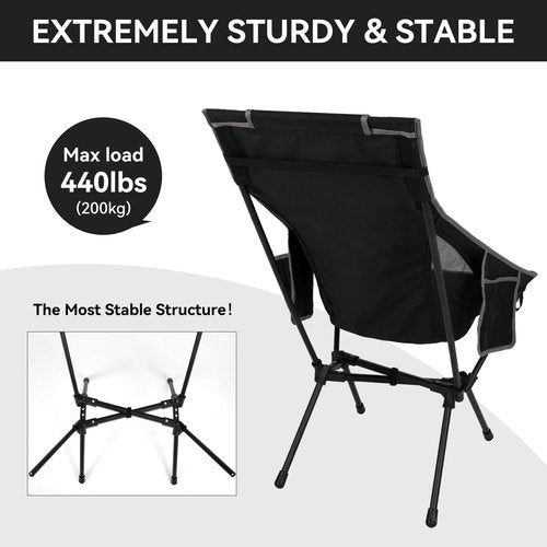diwaite Portable High Back Camping Chair, Support Heavy Duty 440 lbs, Compact Folding Backpacking Chair with Detachable Pillow for Camp, Hiking, Backpacking(Black)