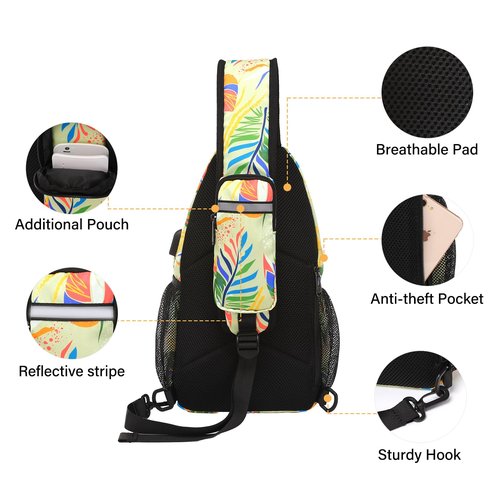 MOSISO Sling Backpack Bag, Crossbody Shoulder Bag Travel Hiking Daypack Colorful Art Plant Leaves Chest Bag with Front Square Pocket&USB Charging Port, Yellow
