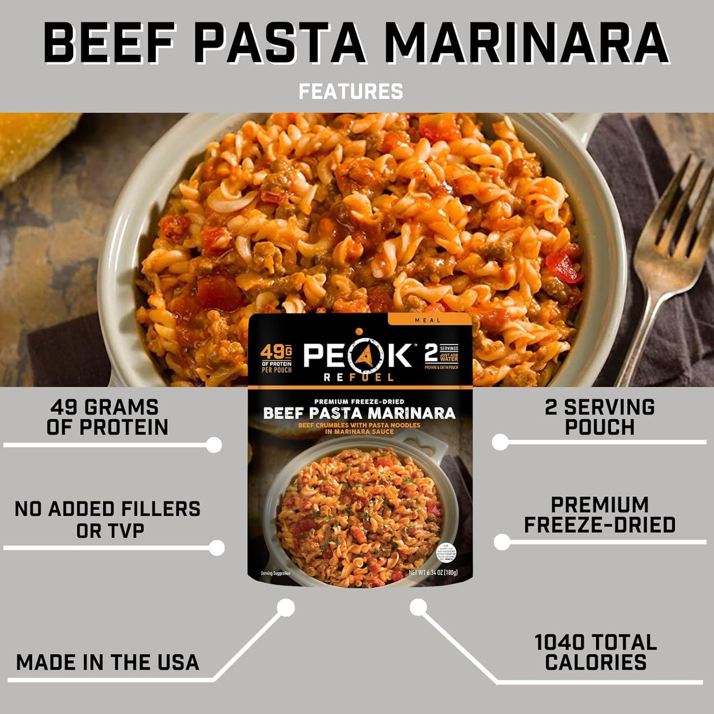Peak Refuel Beef Pasta Marinara | 49g Protein | 1040 Calories | 100% Real Meat | Premium Freeze Dried Backpacking & Camping Food | 2 Servings | Ideal MRE Survival Meal