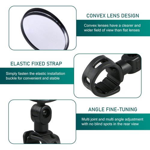 waswale 2 PCS Bicycle Rearview Mirror, 2.95" Diameter Plastic Frame HD Glass Cycling Convex Mirror, 360 Degree Rotatable Non-destructive Mounting Accessories, for Bicycles Scooters (Black)