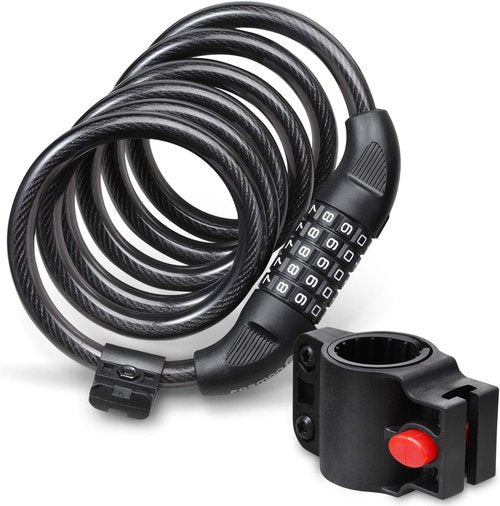 Fosmon Bike Lock Cable (6 Feet), Heavy Duty 5-Digit Self Coiling Resettable Combination Code, Bicycle Chain Flexible Steel Security Cable Lock with Bike Mount Holder - Black