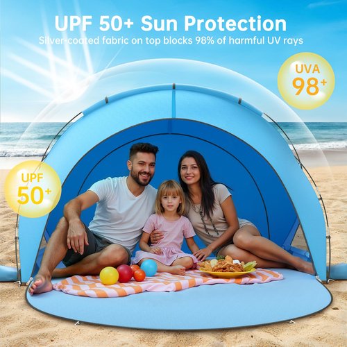 Raynesys Beach Tent Sun Shelter, Portable Beach Shade with UPF50+ UV Protection for 1-3 Person, Sun Shade Tent with 2 Zippered Doors, Cool Cabana for Sand Camping Fishing, Blue