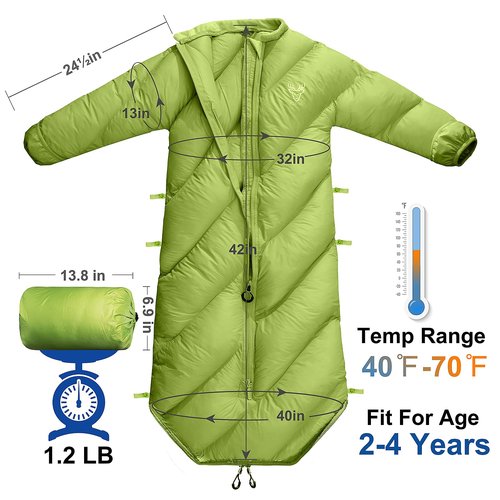 AZITREK Walkable Toddler Sleeping Bags for Kids Boys Girls (2T-4T)- Puffy Camping Sleeping Sack Machine Washable Compact (up to 46 in) Travel Sleepover Slimber Party Inddor Outdoor (Garnish Green)
