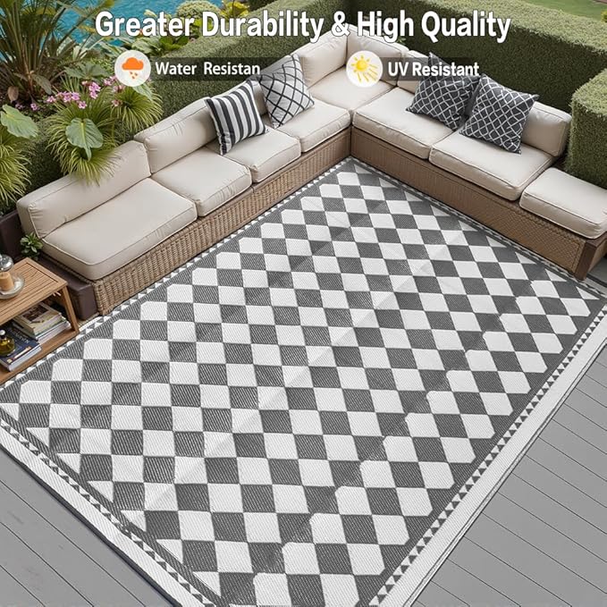 Outdoor Waterproof Rug 8'x10' Plastic Straw Rugs Washable Reversible Floor Mat Grey Plaid Carpet for Camping RV Deck Entryance Porch Picnic Balcony Beach Backyard