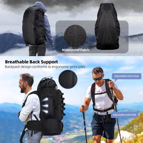 LibSkyln 70L/100L Camping Hiking Backpack with Rain Cover, Expandable Large Military Tactical Backpack, Waterproof Molle Racksack Travel Backpacking Daypack for Climbing Trekking (Black)