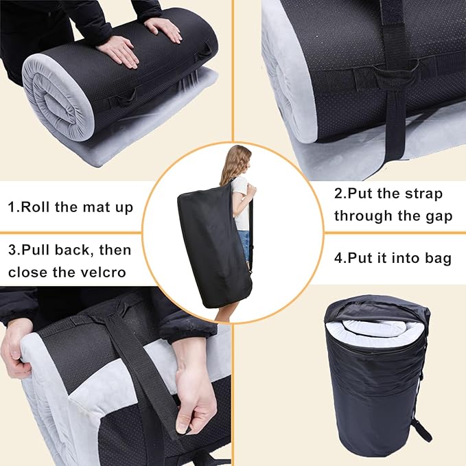 Memory Foam Camping Mattress - Portable Roll Up Sleeping Pad for Car, Tent, Cot & Floor - Waterproof, Comfortable & Compact with Travel Bag