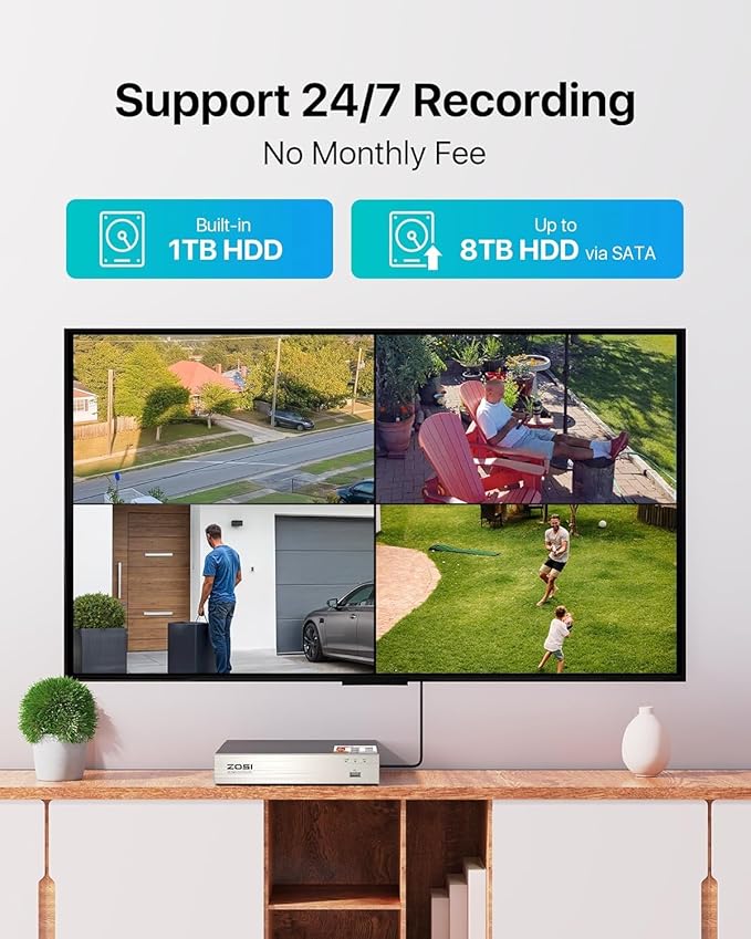 ZOSI 3K Lite 8CH Security Camera System with AI Human/Vehicle Detection,Night Vision,H.265+ 5MP 8Channel CCTV DVR with 1TB Hard Drive,8pcs 1920TVL 1080p Outdoor Indoor Cameras,for Home 24/7 Recording