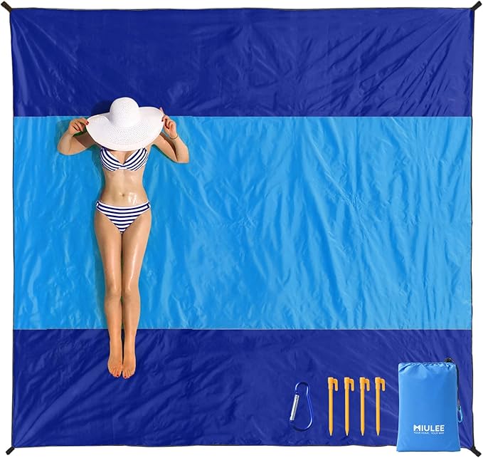 MIULEE Beach Blanket Waterproof Sandproof, Extra Large 78" x 82" Beach Mat Oversized for 4-7 Adults, Portable Beach Accessories Lightweight Outdoor Blanket for Picnic, Travel, Camping, Hiking(Blue)