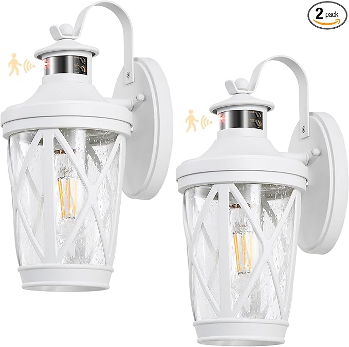 VIANIS Motion Sensor Outdoor Wall Light Fixtures, 2-Pack White Dusk to Dawn Front Porch Lights, Anti-Rust Outdoor Lanterns Wall Mount with Adjustable Sense Range, Exterior Coach Light for Garage