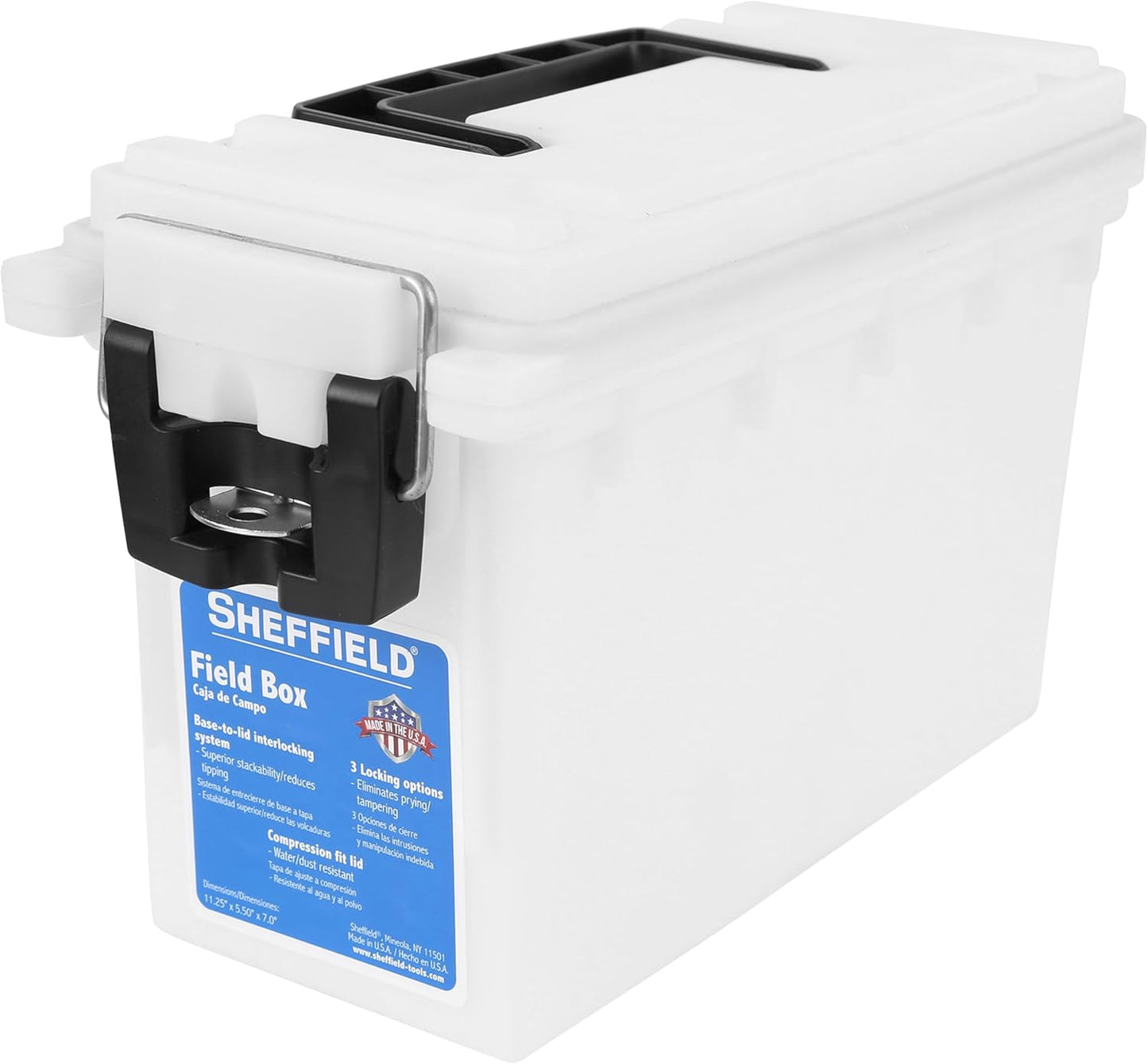 Sheffield 12629 Ammo Storage Box, Stackable .30 Cal Field Boxes, Water and Dust Resistant, Lockable Storage Box with Handle, Secures Hunting Gear, Supplies, and Bullets, Made in USA, Black, 1-Pack
