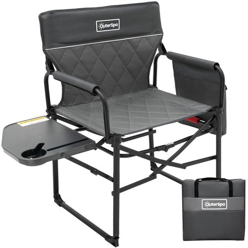 Outerspa Oversized Directors Chairs Heavy Duty Folding Outdoor Chairs with Detachable Side Pocket and Adjustable Side Table for Outside,Lawn,Fishing, Folding Camping Chair up to 350Lbs Capacity (Grey)