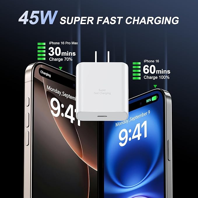 Phone 16 Pro Max Charger Fast Charging, 45W USB C Phone 16 Super Fast Charger Block with 6.6ft Long Type C Charging Cable Cord for Phone 16/16 Pro/16 Pro Max/16 Plus, 15/15 ProMax/Pro/Plus-White+Black