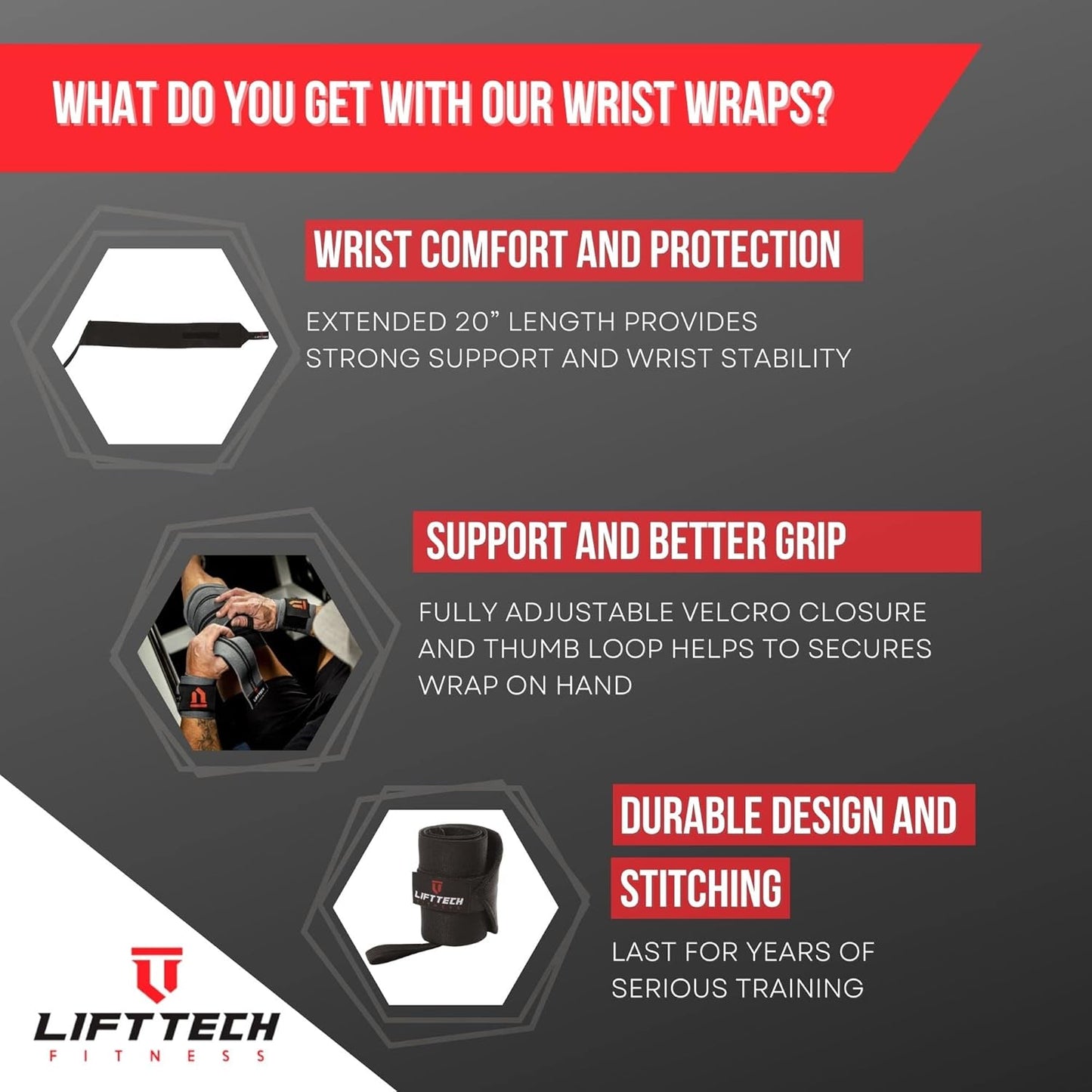 PRO 20'' Lifting Wrist Wraps - Wrist Wraps for Weightlifting Men and Women Suitable - Thumb Loop Wrist Straps for Crossfit, Strength Training - Pair of 2