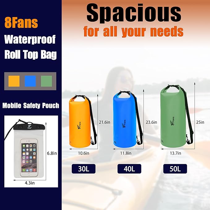8 Fans Dry Bag Backpack Waterproof,50L Roll Top Bag with Phone Case, Perfect for Floating,Travel,Swimming,Boating,Kayaking,Camping,and Beach Activities(No Valves, Green)