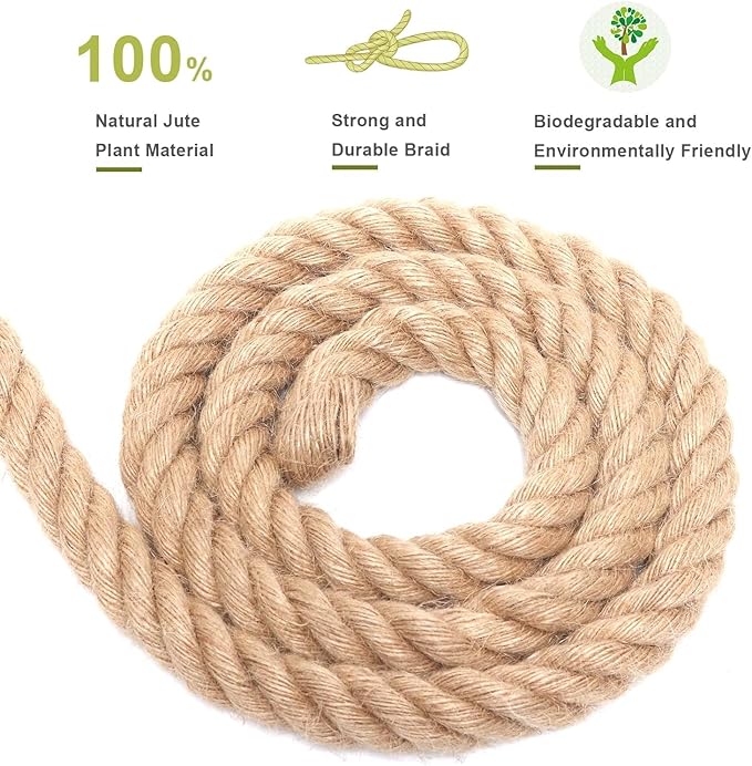 Jute Rope 1 Inch 150 Feet Hemp Rope for Deer, Heavy Duty, Twisted, Natural, Tug of War, for Crafts, Home Decorating Gardening Bundling