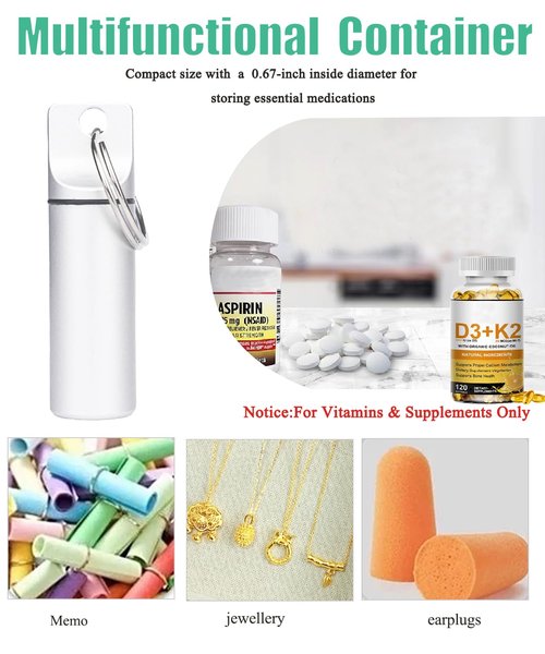 Morn Light 2 Pack Portable Pill Holder Keychain Set, Waterproof Metal Pill Case with Carabiner for Travel & Daily Use