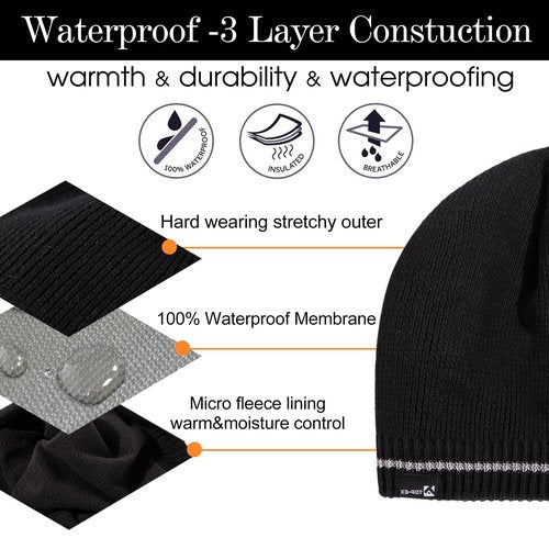 XL Men's Women's Oversize Winter Black Reflective Strips Wool Beanie Waterproof Fleece Lined Knit Cap Hat All-Weather Warm Rain X-Large Extra Large Big Head