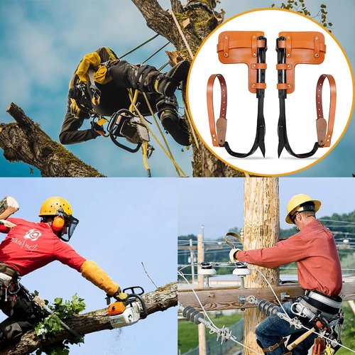 MYCGJH Upgrade Cow Leather Tree Climbing Spikes Set with Harness Belt, Scissors & Saw, Adjustable Tree Climbing Gear Pole Climbing Spurs Tool Tree Climbing Spikes for Outdoor Activities