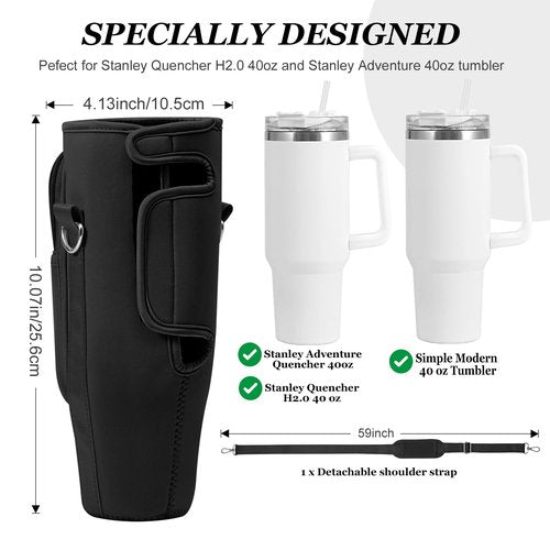 PRAGATISM Water Bottle Carrier Bag with Phone Pocket for Stanley Cup 40 oz,Water Bottle Holder Pouch with 4.9FT Adjustable Strap for Stanley Cup Accessories(Black)