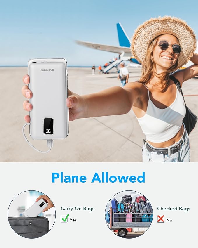 Charmast Portable Charger with Built-in Cables and Plug, 10000mAh USB C Power Bank Fast Charging 15W, External Battery Pack Slim, Travel Essentials Compatible with 16 15 14 13, Samsung Galaxy, iPad