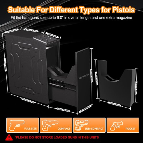 PINEWORLD Gun Safe For Handgun, Biometric Slider Bedside Handgun Safe, Pistol Lock Case for Nightstand,Sliding Door Hand Gun Safe for Pistol -with 3 Quick Access Fingerprint, PIN Code, KEY