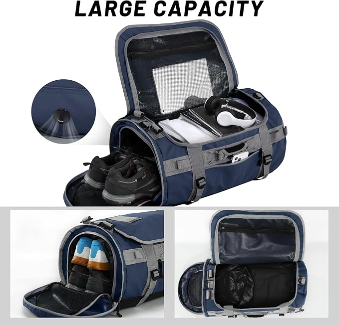 MIER Large Duffel Backpack Sports Gym Bag with Shoe Compartment, Heavy Duty and Water Resistant, Navy Blue, 45L