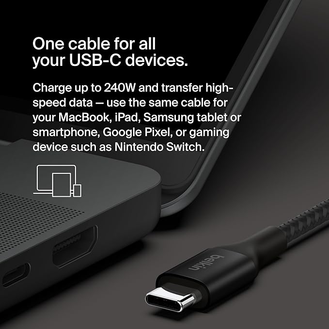 Belkin USB C to USB C Cable, 3.3ft, 240W - Type C Charger, iPhone Charger Cord, Fast Charging for iPhone 16, Galaxy S25, Pixel 9, MacBook, Chromebook, iPad Pro, Switch Steam Deck - Black