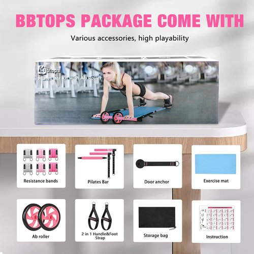 BBTOPS Pilates Bar Kit with Resistance Bands, Pilates Equipment Exercise Bar with Ab Roller for Abs Workout, Portable Home Gym Yoga Fitness Bar for Women & Men (Pink)