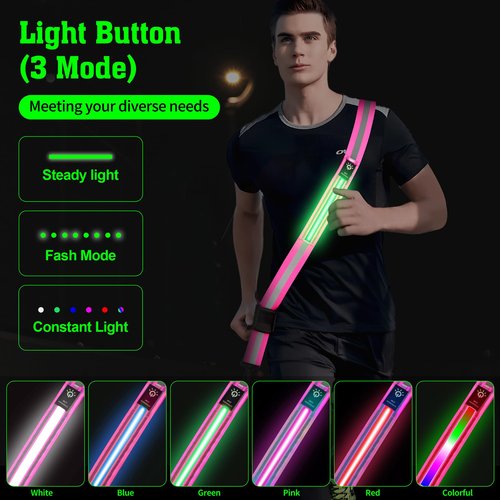 LED Reflective Belt Sash,6 Lights Colors & 3 Light Modes High Visibility Night Rechargeable Safety Belt Adjustable Reflective Running Gear for Men Women Running Cycling Walking and Dog Walking