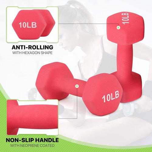 10 LB Dumbbells Set, Neoprene Coated Free Weights for Strength Training, Full-Body Workouts and Home Gym, Hex Shape for Stability (Pair, Burgundy)