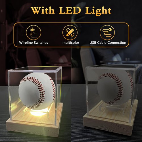 Baseball Display Case with Led Light, Light up Clear Baseball Holder with Wooden Base, Acrylic Baseball Case Display for Balls, Memorabilia Signed Baseball Display Box, Pine Wood (Line Switch)