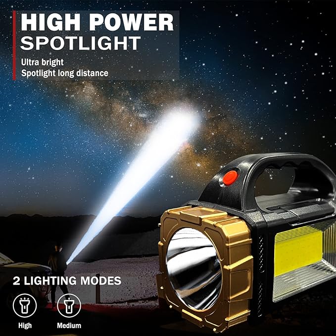 2-Pack Solar Flashlights High Lumens Rechargeable Outdoor Waterproof Spotlight LED Work Light Searchlight Lantern for Camping Emergencies