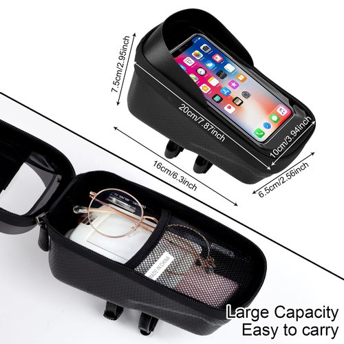 Wellehomi Bicycle Bag, 1L Waterproof Bike Frame Bag with 2-in-1 Design, TPU Transparent Touch Screen & Sun-Visor, Compatible with Phones Under 6.8 Inches, Bike Accessory