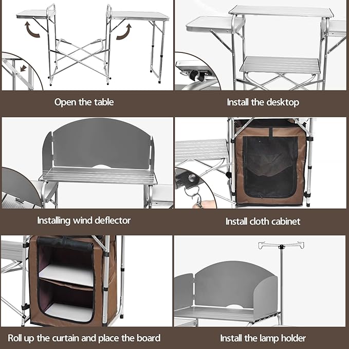 CampLand Folding Cooking Table Outdoor Portable Cook Station Aluminum Camping Kitchen with Storage Organizer, Windscreen, Hooks for BBQ, Party
