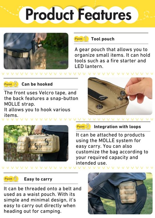 CAMPINGMOON Tactical Molle EDC Pouch L 4.9'' x W 2.4'' x H 6.7'' Camping Storage Side Pocket for Table Chair Cot Field Rack Coyote BG-15
