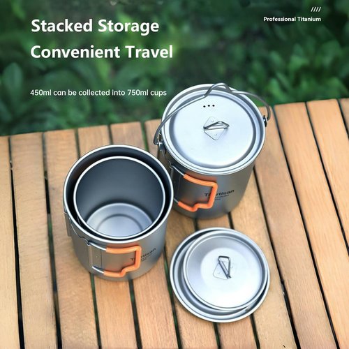 Ti artisan Titanium Cup Camping Pot Ultralight Coffee Mug 450ML/750ML Water Cup with Foldable Handles and Lid For Outdoor Camping Hiking Backpacking (450ML)