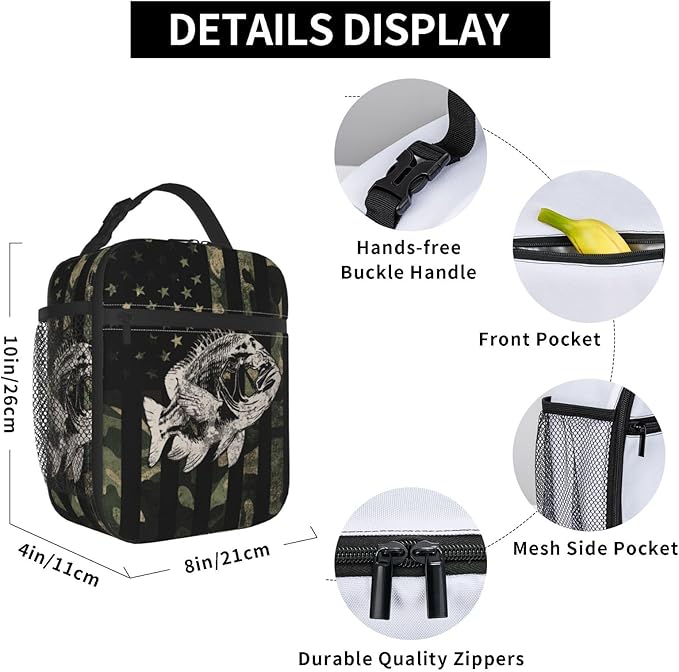 Fishing Camouflage American Flag Bass Lunch Box, Portable Insulated Lunch Bag with Detachable Handle,Reusable Lunchbox for Boys Girls Men Women Adults