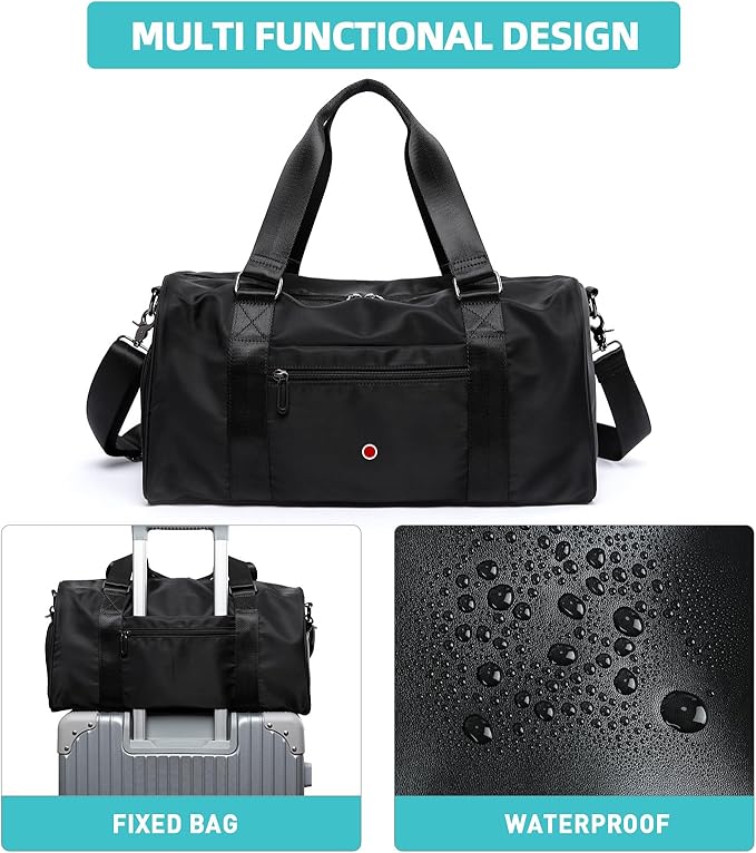 Small Gym Bag Waterproof Shoe Compartment Duffle Workout Bags Overnight Weekender Bag Personal Sport Carry on Outdoors Travel Bag Black for Men Women