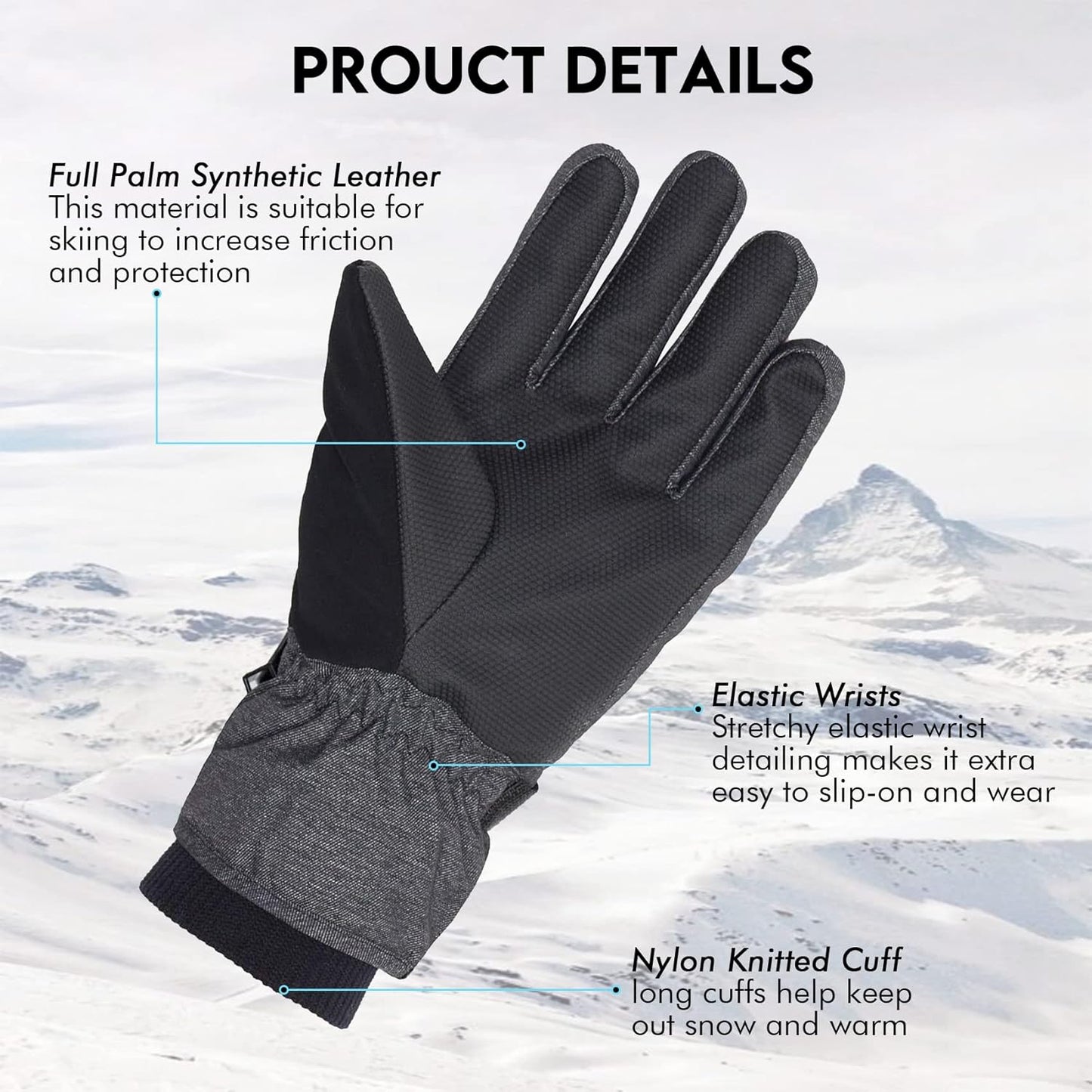 Waterproof Ski Snowboard Gloves with 3M Thinsulate,Zipper Pocket, Air Vent, Cold Weather Gloves for Men