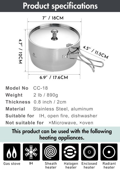CAMPINGMOON 2 Quart Camping Saucepan 3-ply Stainless Steel Cooking Pot w/Lid Foldable Handle Compact Storage Portable IH Compatible CC-18