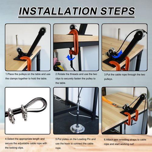 Arm Wrestling Pulley Training System Kit for Table - Professional Forearm & Wrist Strengthener with Aluminum Rotating Pulleys, Adj. 1.5m Cable, Loading Pin, Training Strap for Home Gym